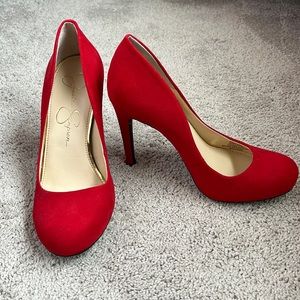 Red faux suede heels